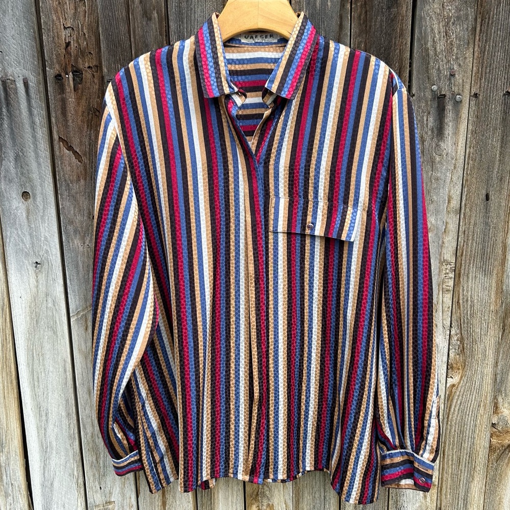 Jaeger Vintage Y2K 90’s Striped Blouse Polyester Red Gold Blue Black